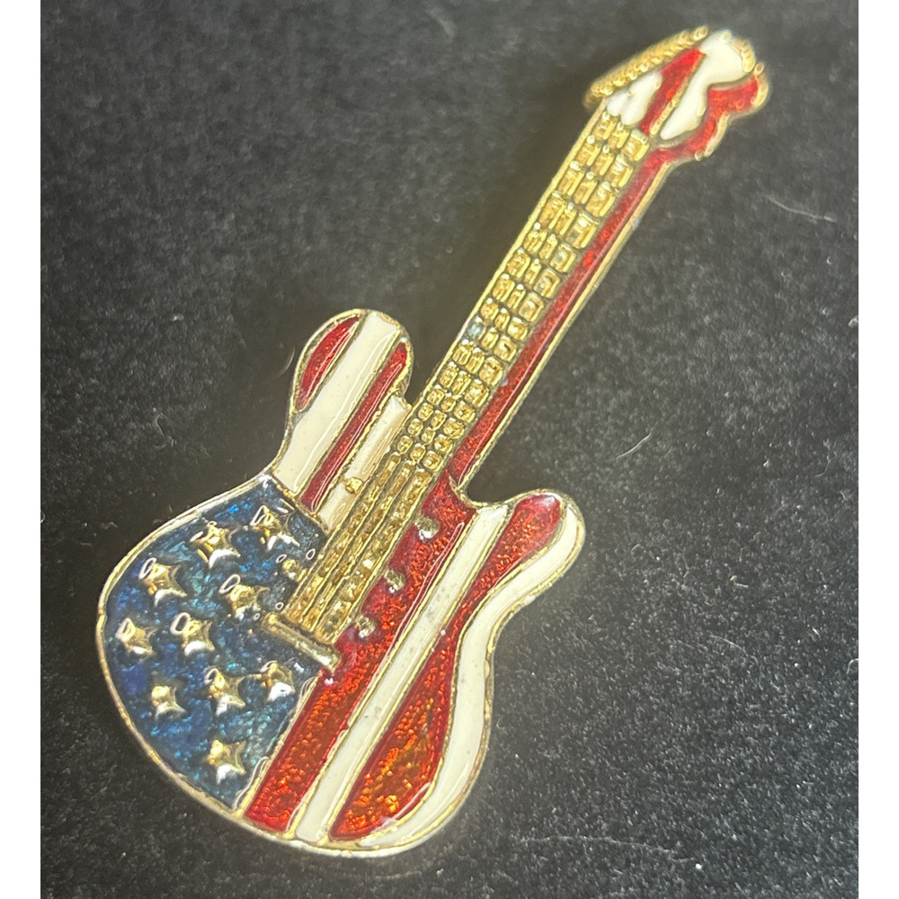 Gold‑Tone Guitar Brooch Rockabilly Pin American Flag Music Accessory